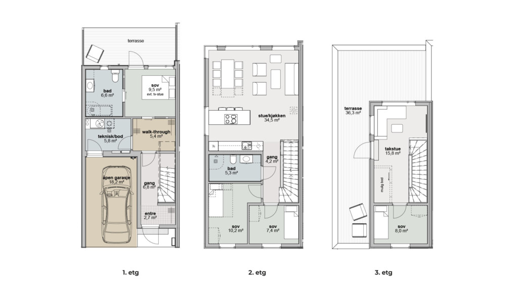 Rekkehus over to og tre etasjer med garasje - Kvitre