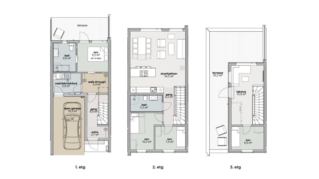 Rekkehus over to og tre etasjer med garasje - Kvitre